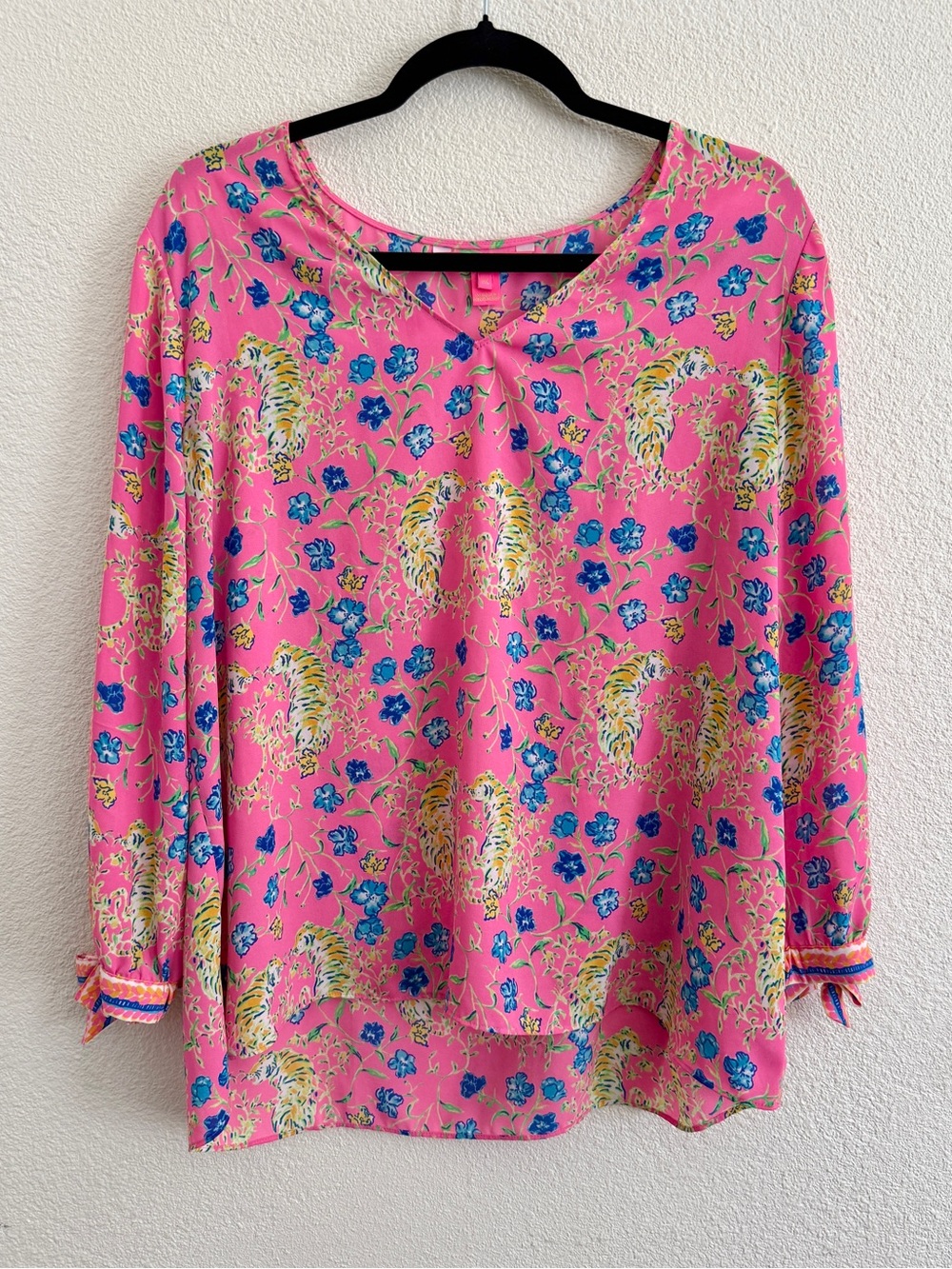 Lilly Pulitzer Pamala Top Prosecco Pink Tigress Garden Long Sleeve Blouse XL